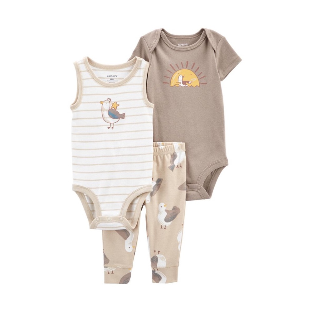 Carters Cream & Tan 3-Piece Seagull Bodysuit & Leggings Outfit Set Size 12M